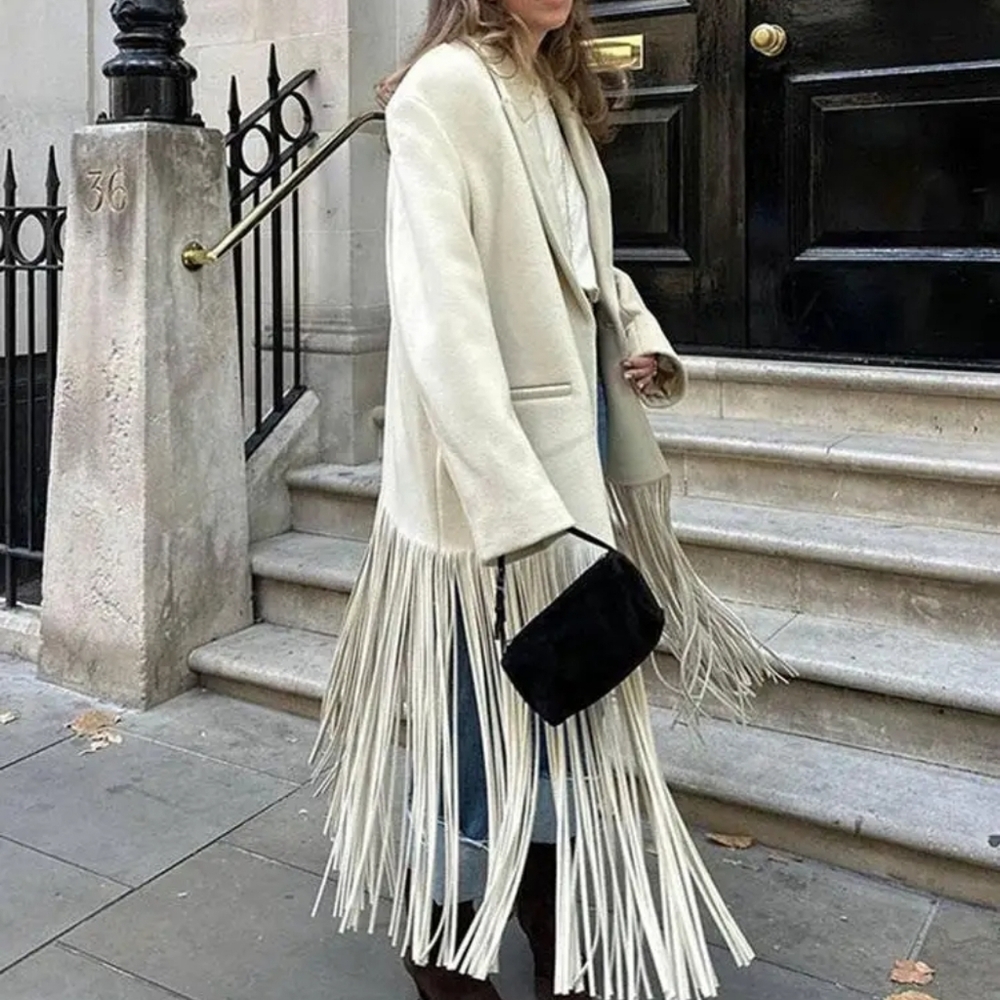 Tassel Apricot Women's Coat Elegant Autumn Long Sleeve Lapel Female Coats 2024